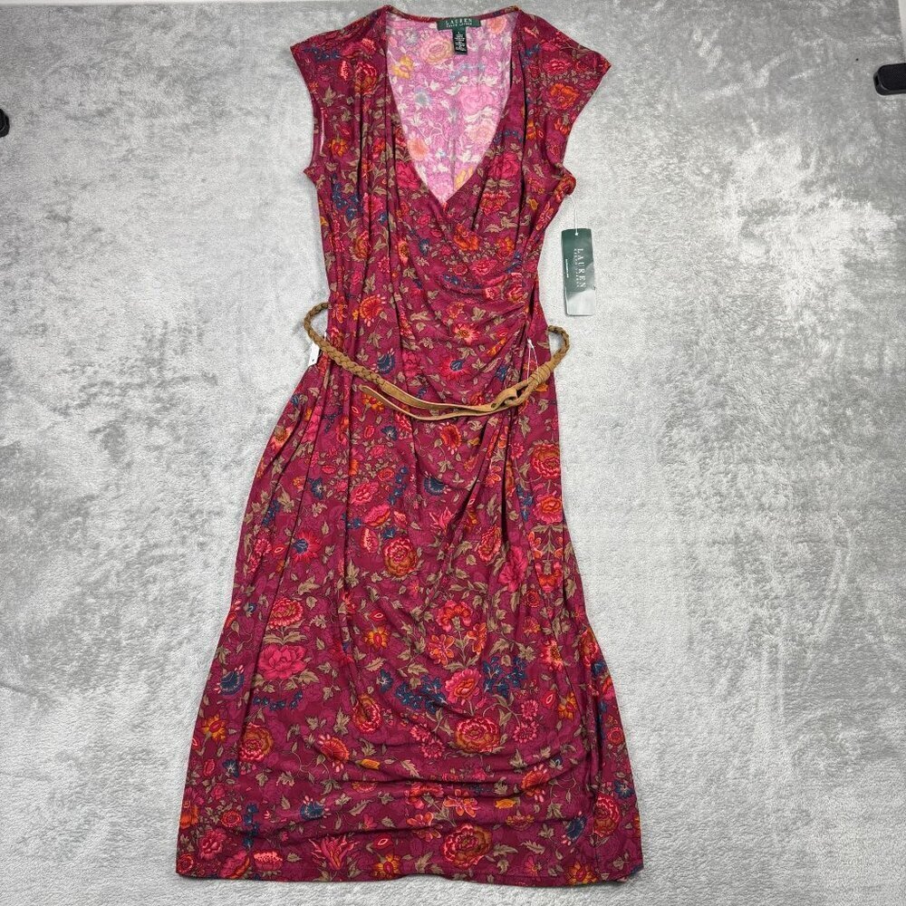 NWT Ralph Lauren Bright Merlot Red Floral Braided Belt Stretch Jersey Dress Sz L